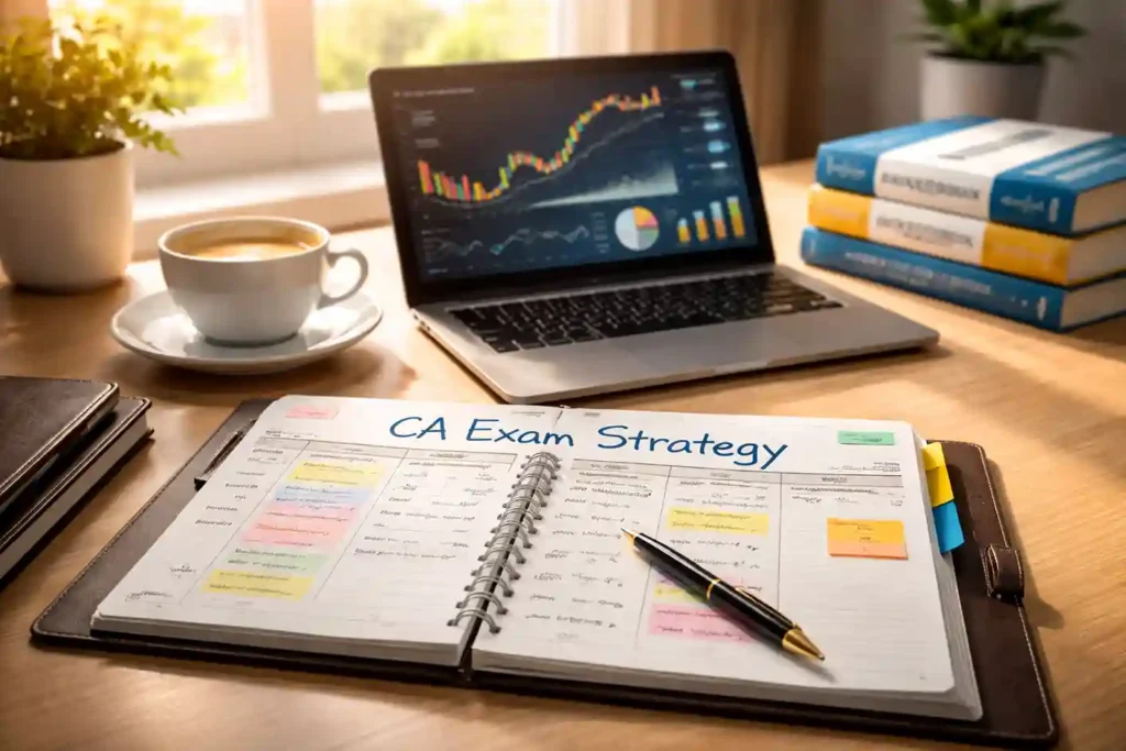 CA exam strategy planner with laptop coffee and accounting books organized study setup in Panipat Haryana for CA students