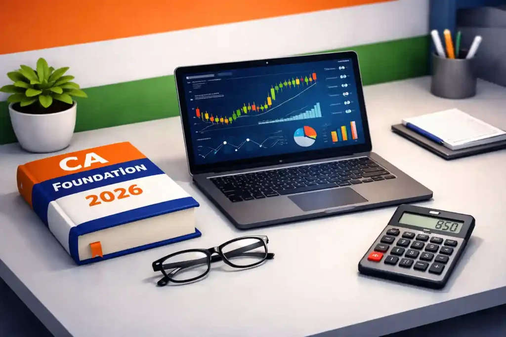 CA Foundation 2026 study setup with laptop financial charts calculator and book 3D illustration for students in Panipat Haryana